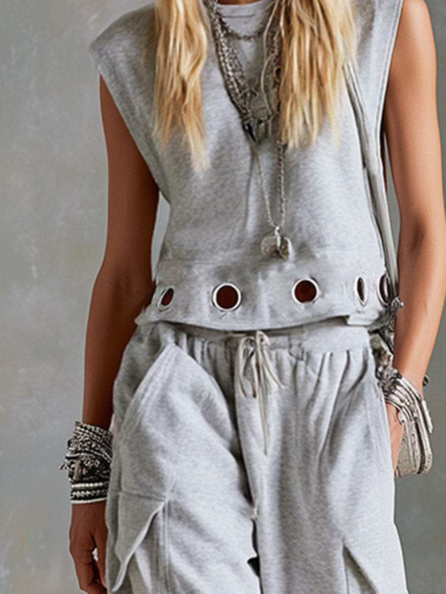 Casual Sporty Style Metal Eyelets Grey-White Tank Top & Cropped Pants Cotton Set - By Qivii