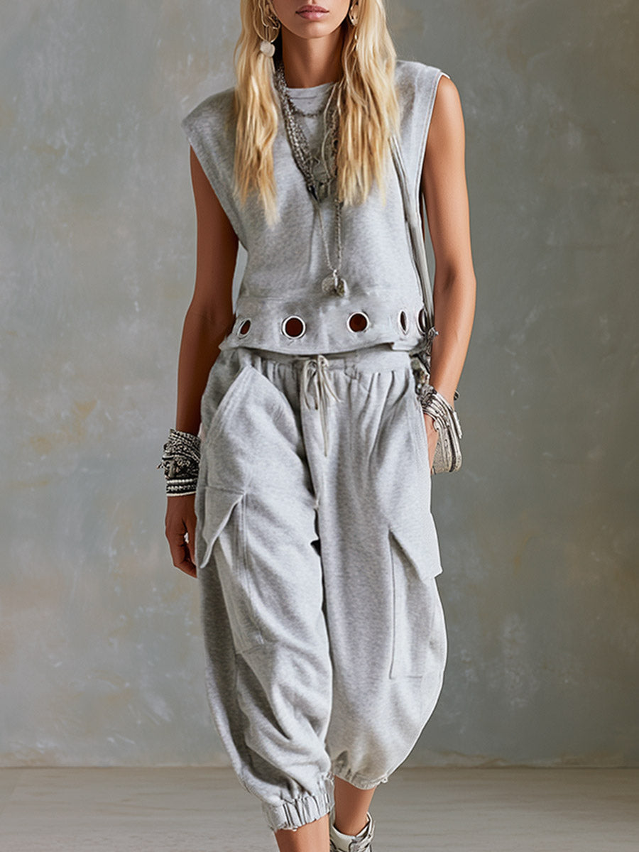 Casual Sporty Style Metal Eyelets Grey-White Tank Top & Cropped Pants Cotton Set - By Qivii