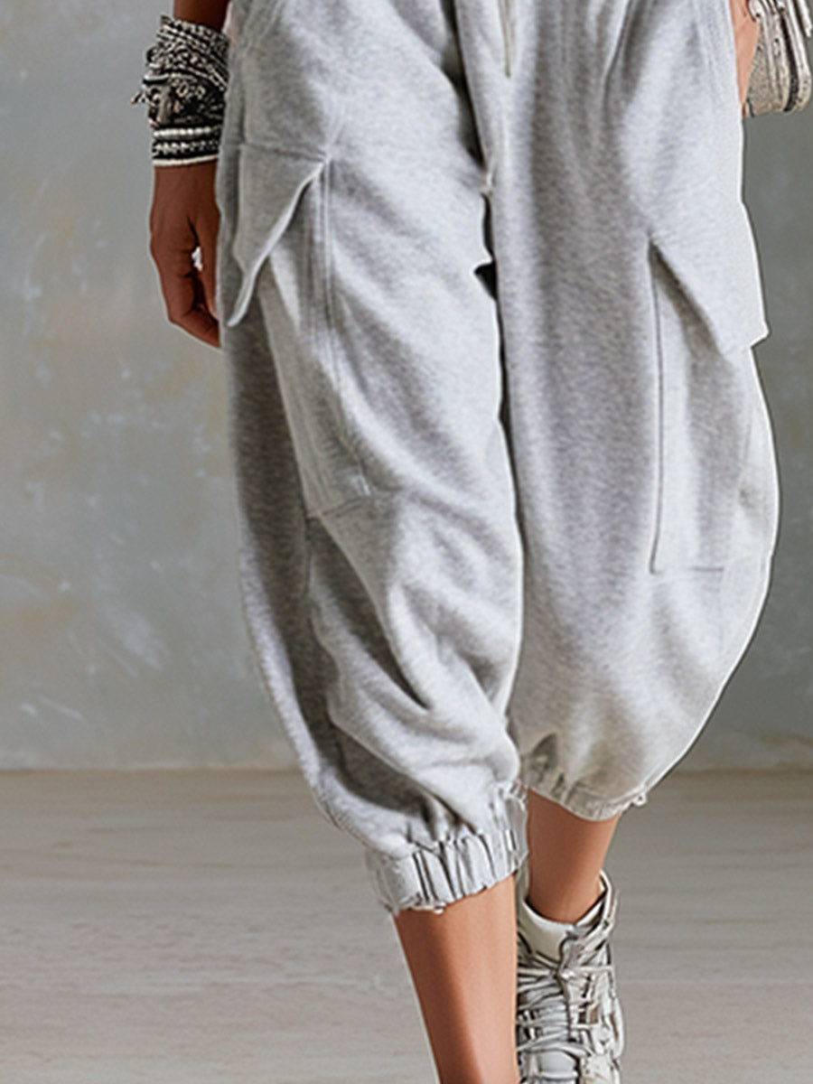 Casual Sporty Style Metal Eyelets Grey-White Tank Top & Cropped Pants Cotton Set - By Qivii