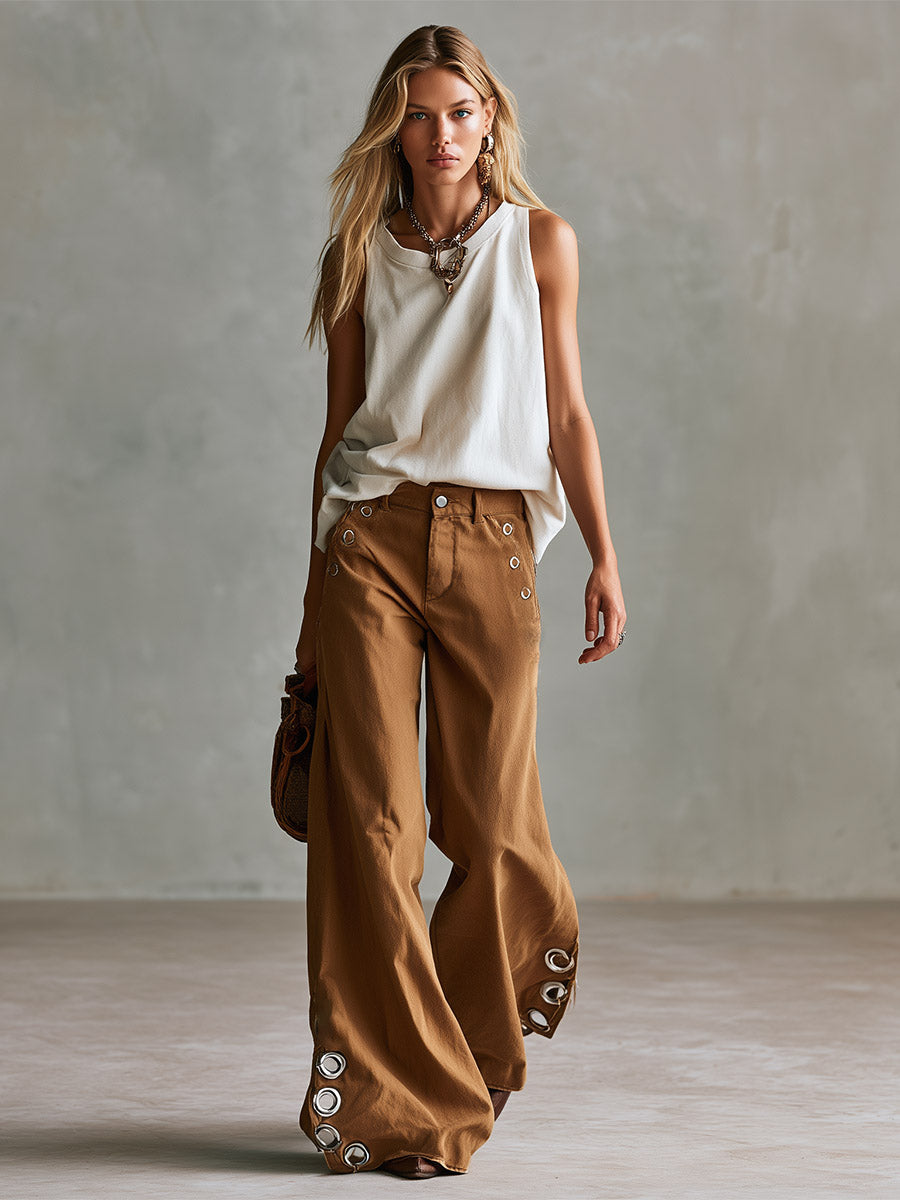 Versatile Retro Style With Metal Eyelets Caramel-colored Wide-leg Trousers - By Qivii