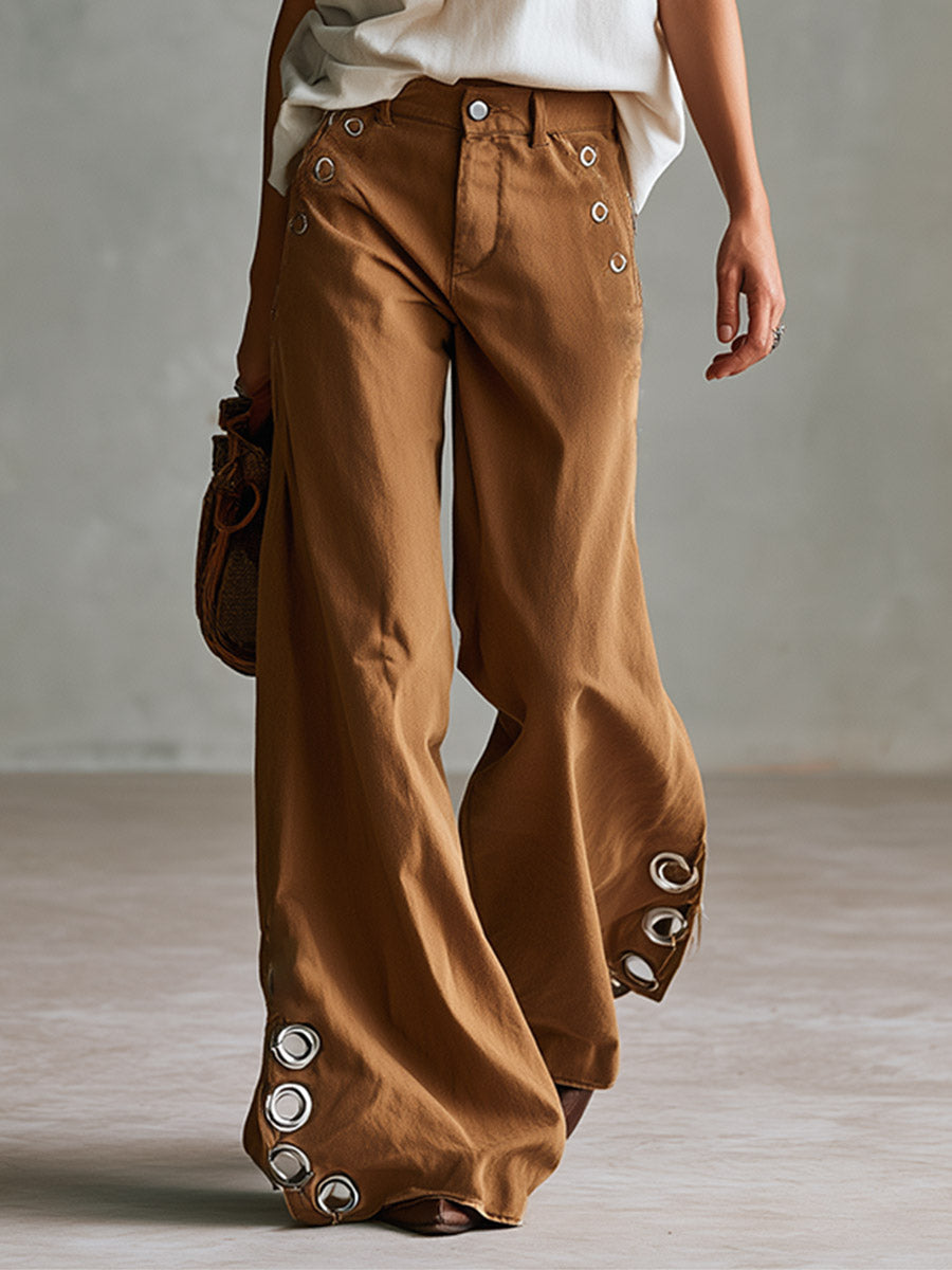 Versatile Retro Style With Metal Eyelets Caramel-colored Wide-leg Trousers - By Qivii