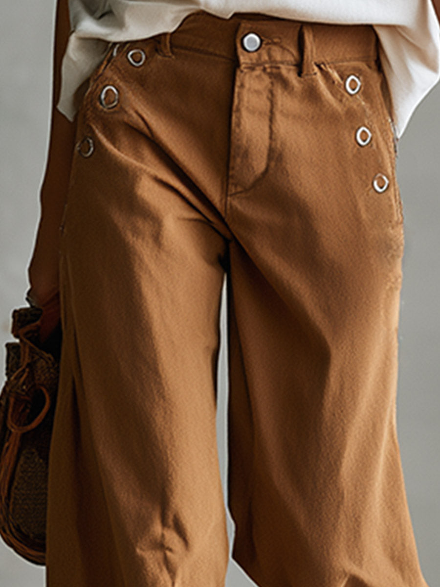 Versatile Retro Style With Metal Eyelets Caramel-colored Wide-leg Trousers - By Qivii