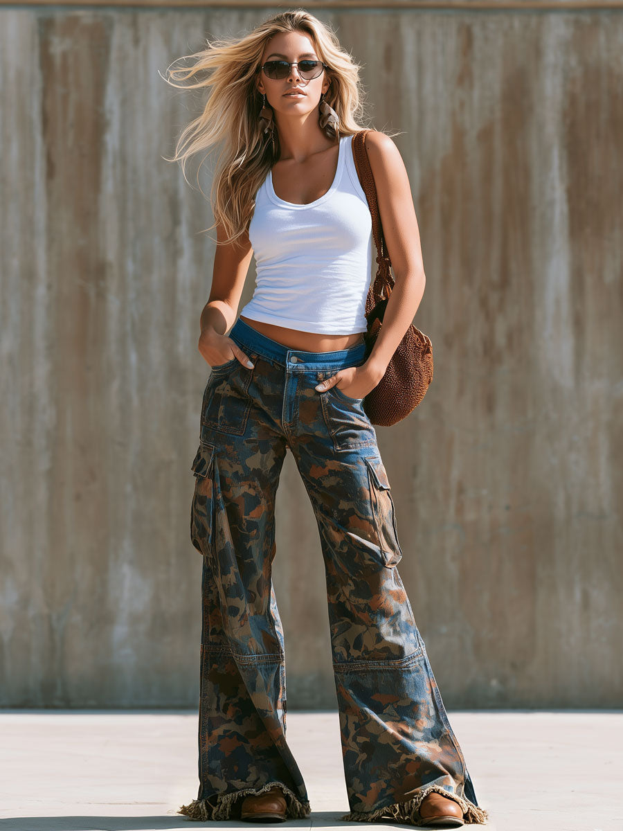 Western Retro Frayed Color-blocked Camouflage Jeans - By Qivii
