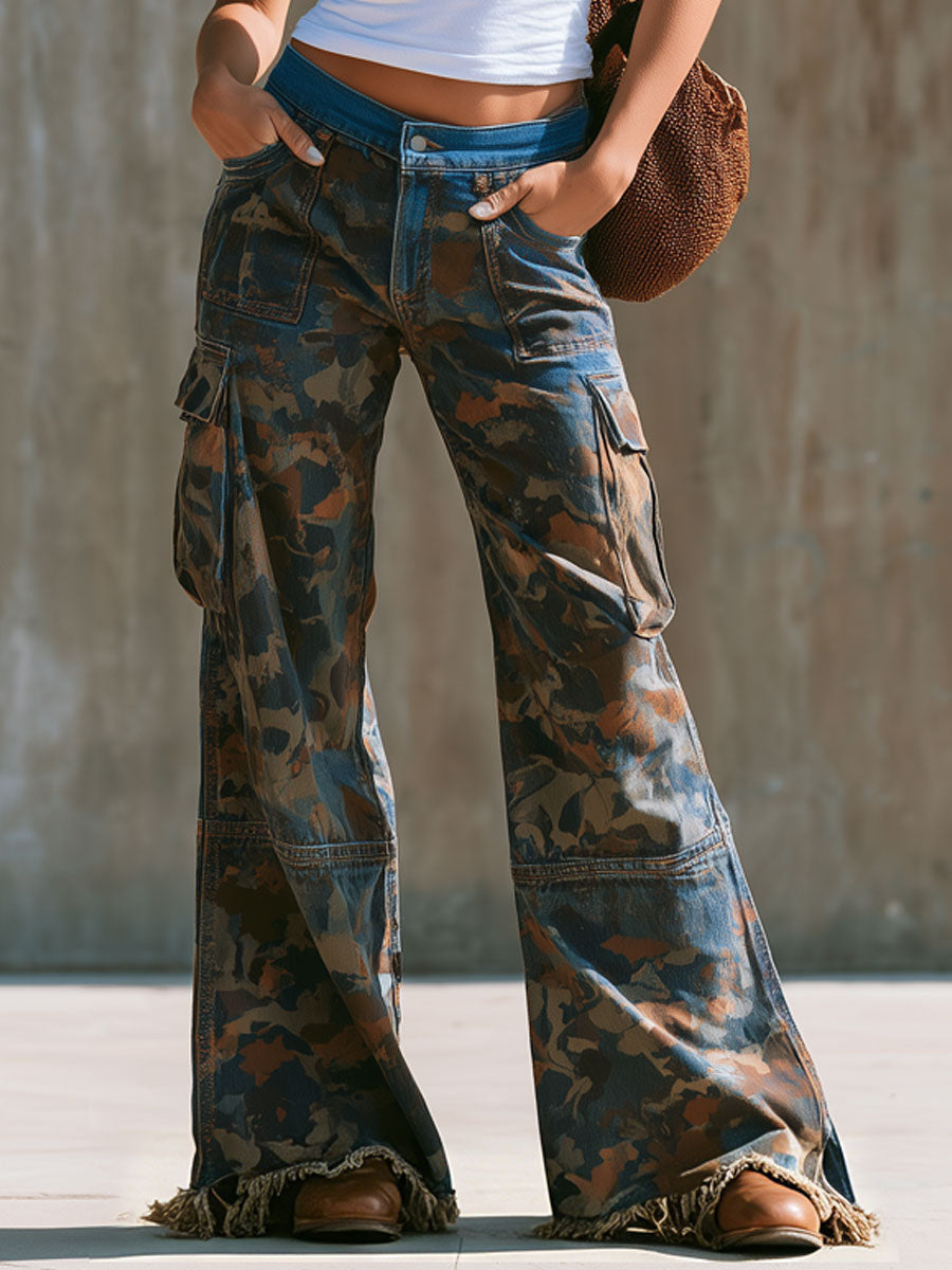 Western Retro Frayed Color-blocked Camouflage Jeans - By Qivii