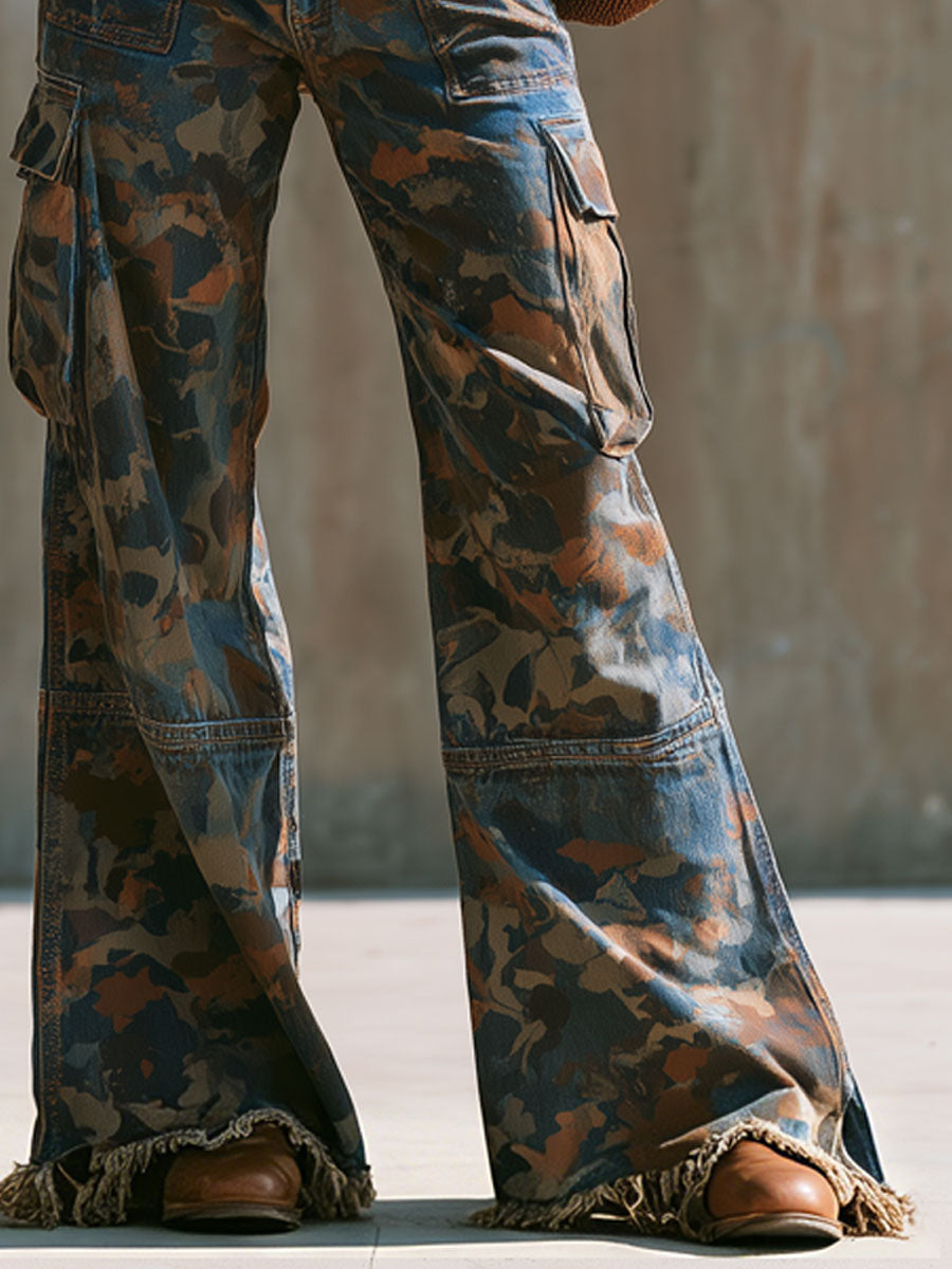 Western Retro Frayed Color-blocked Camouflage Jeans - By Qivii