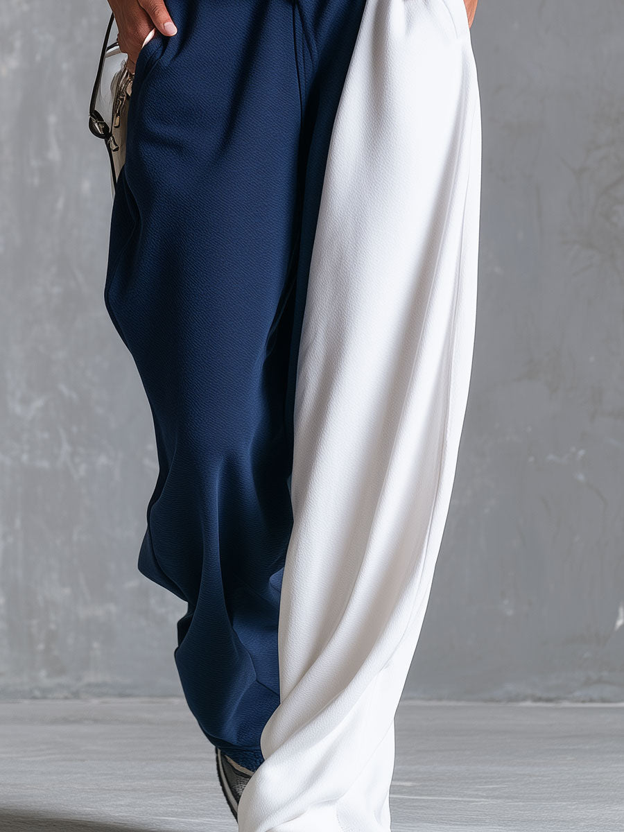 Casual Retro Blue And White Color-blocked Sleeveless Stand-collar Cotton Top And Pants Set - By Qivii