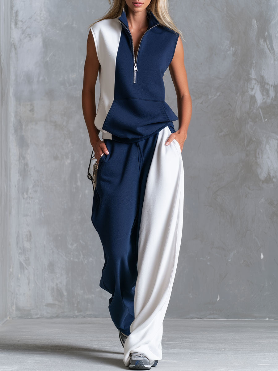 Casual Retro Blue And White Color-blocked Sleeveless Stand-collar Cotton Top And Pants Set - By Qivii