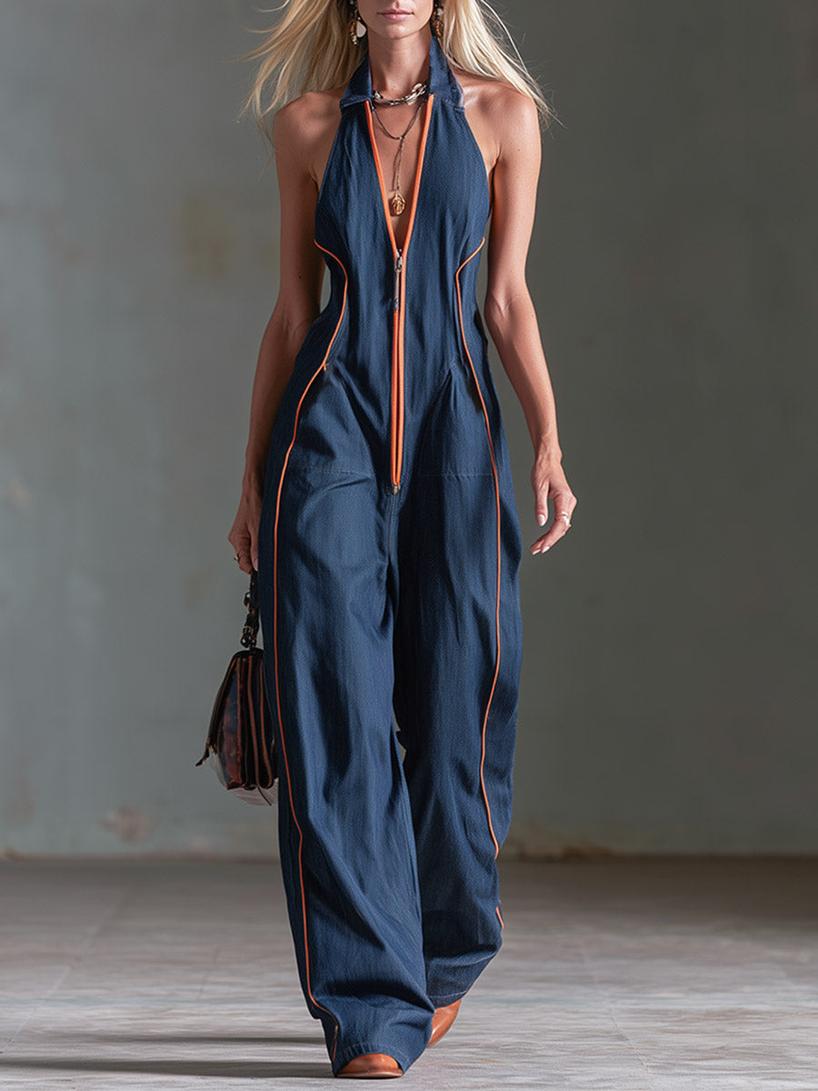 Retro Casual Workwear Style Contrast-color Trim Dark Blue Denim Jumpsuit - By Qivii
