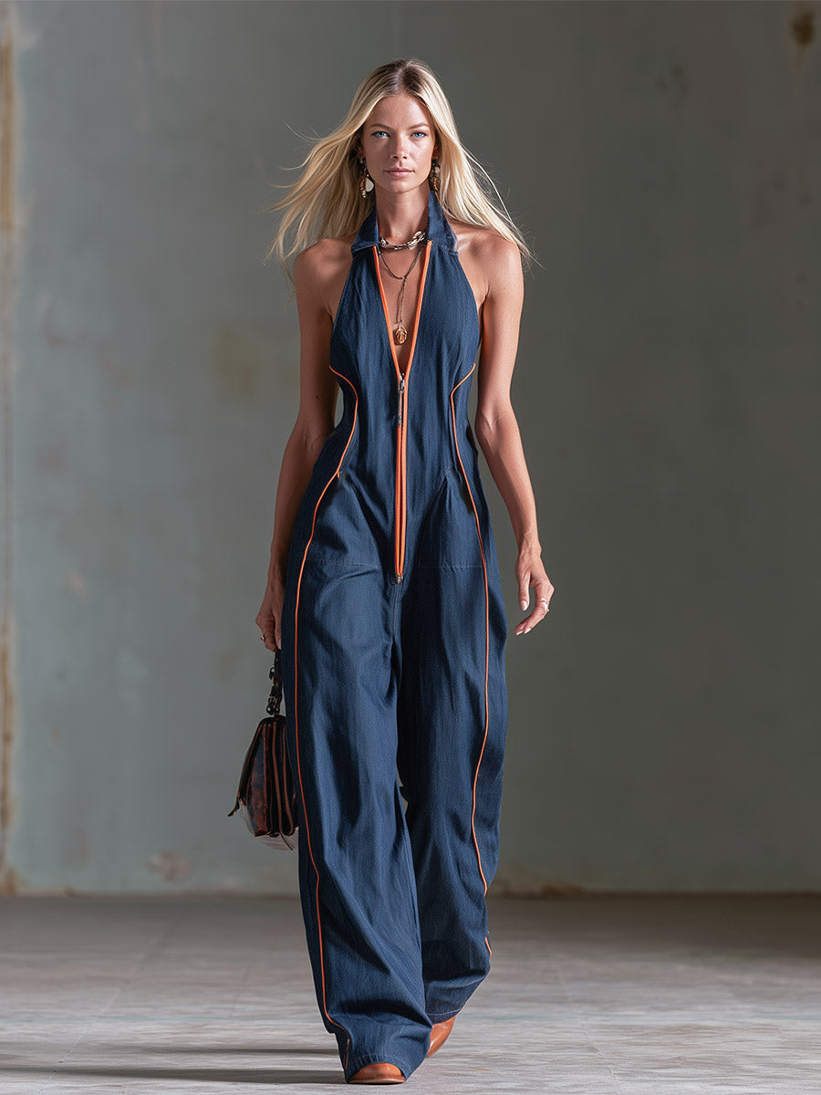 Retro Casual Workwear Style Contrast-color Trim Dark Blue Denim Jumpsuit - By Qivii