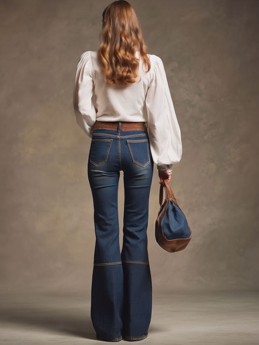 Retro Brown Double-stitched Navy Jeans - By Qivii
