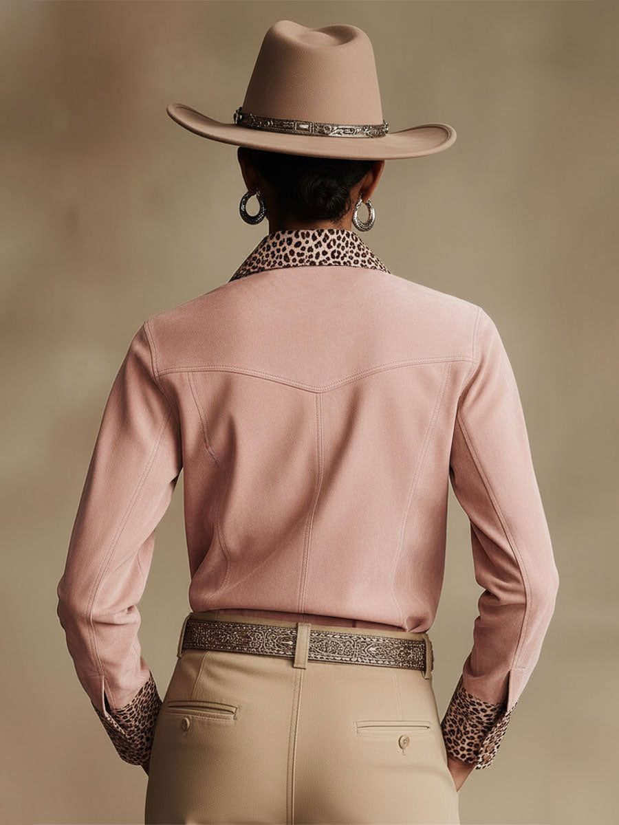 Western Retro Leopard Print Pink Faux Suede Long-Sleeve Shirt - By Qivii