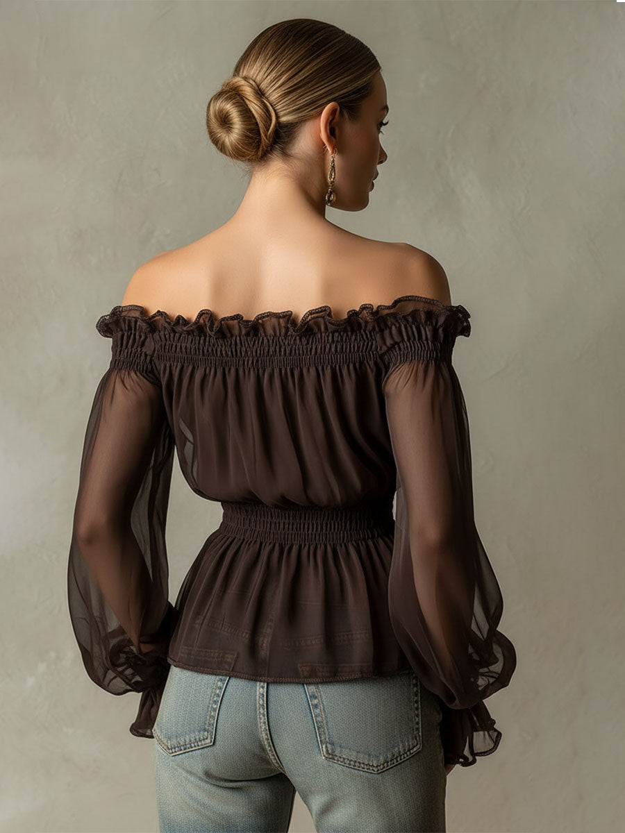 Fashionable Retro Ruffled Brown Off-shoulder Chiffon Blouse - By Qivii