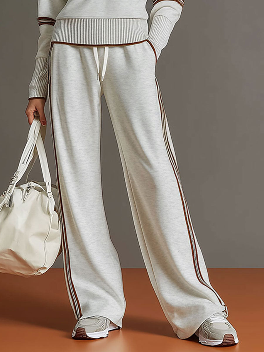 Retro Sporty Webbing Grey-white Half-zip Sweatshirt And Wide-leg Pants Set - By Qivii