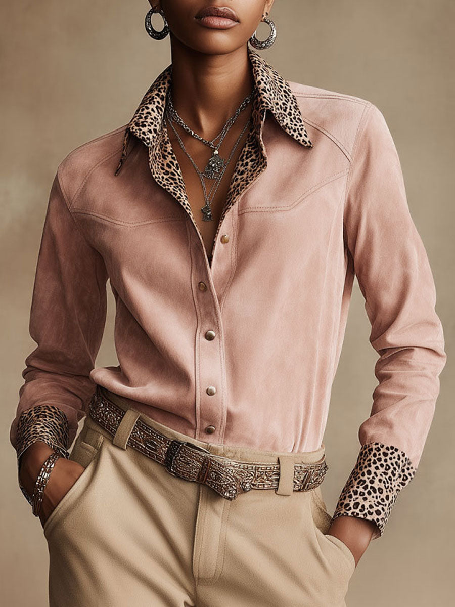Western Retro Leopard Print Pink Faux Suede Long-Sleeve Shirt - By Qivii
