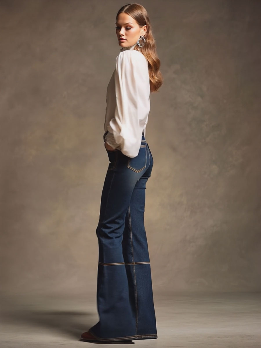 Retro Brown Double-stitched Navy Jeans - By Qivii