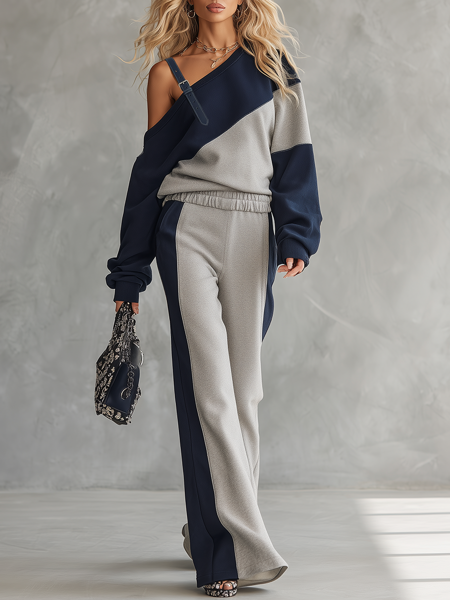 Casual Sportswear Patchwork One-shoulder Sweatshirt And Sweatpants Set - By Qivii