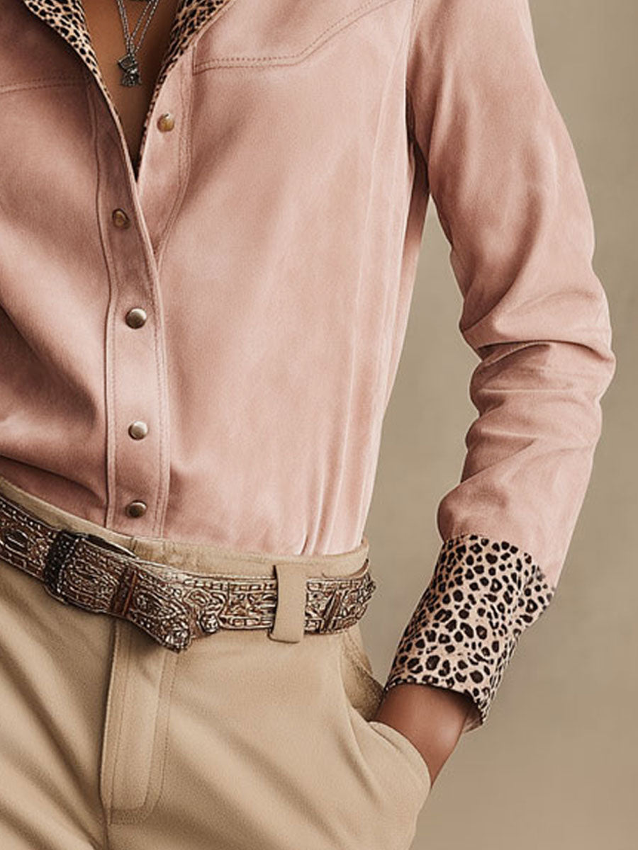 Western Retro Leopard Print Pink Faux Suede Long-Sleeve Shirt - By Qivii