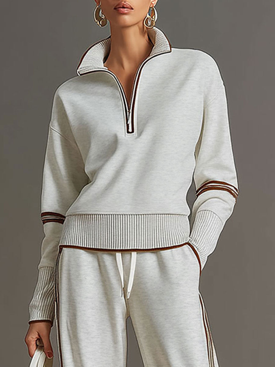 Retro Sporty Webbing Grey-white Half-zip Sweatshirt And Wide-leg Pants Set - By Qivii