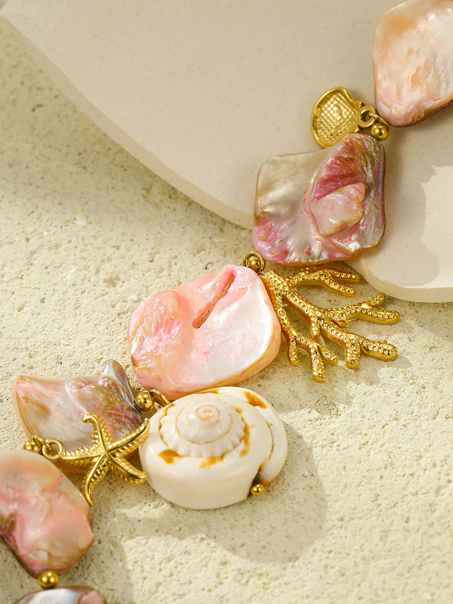 Beach Style Pink Shell Coral Stainless Steel Necklace - By Qivii