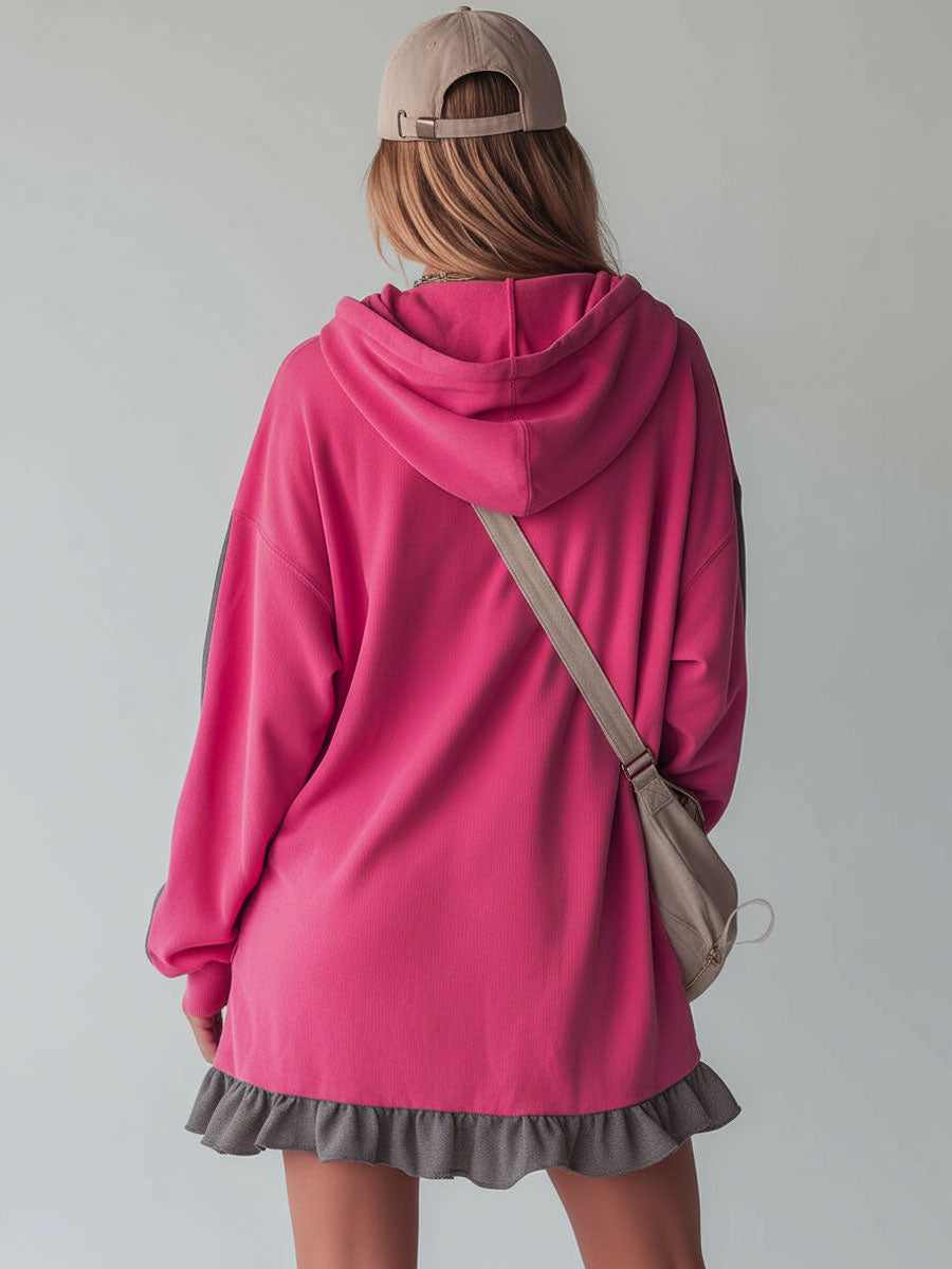 Sporty Color-blocked Ruffled Half-zip Hooded Long-sleeved Mini Dress - By Qivii