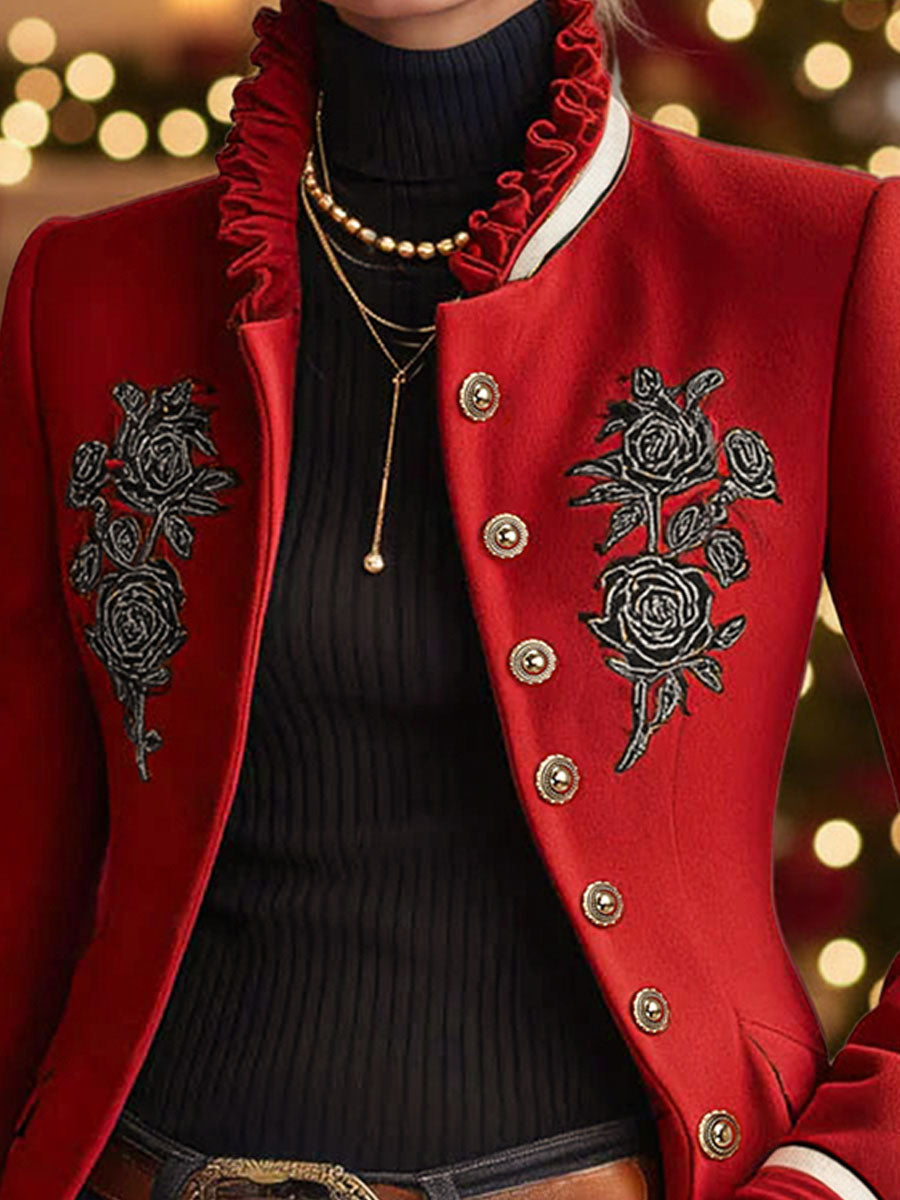 Ruffled Stand-up Collar Single-breasted Rose Embroidered Jacket - By Qivii