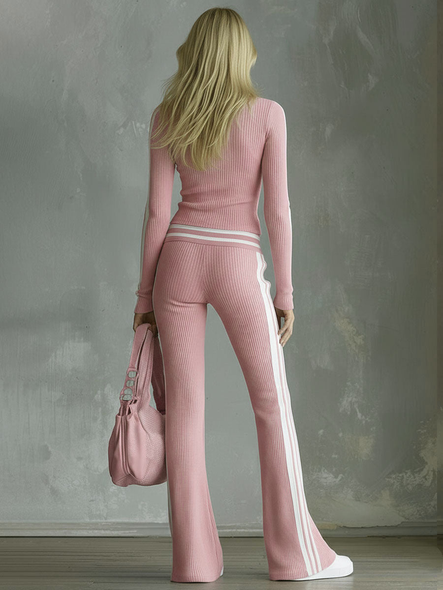 Color-blocked V-neck Long-sleeved Top And Trousers Ribbed Set - By Qivii