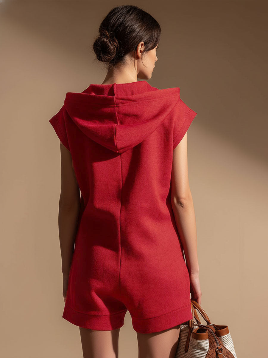 Hooded Zippered Color-blocked Double-pocket Sleeveless Short Jumpsuit - By Qivii