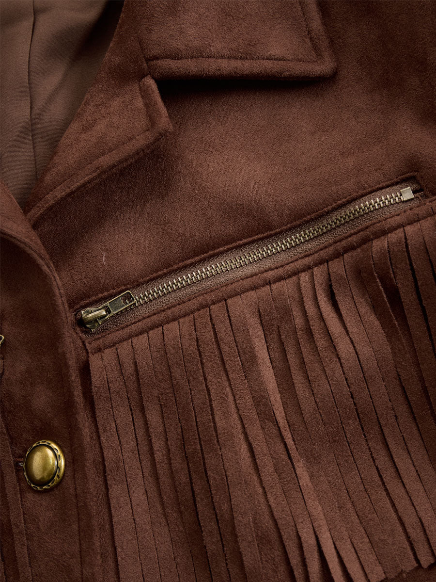 Western-style Brown Suede Tassel Zip-up Jacket - By Qivii