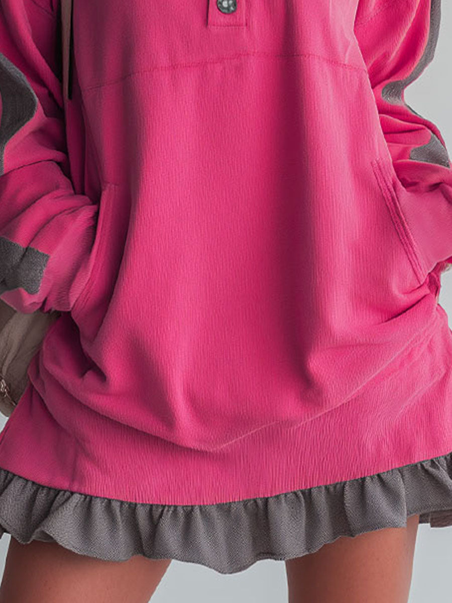 Sporty Color-blocked Ruffled Half-zip Hooded Long-sleeved Mini Dress - By Qivii