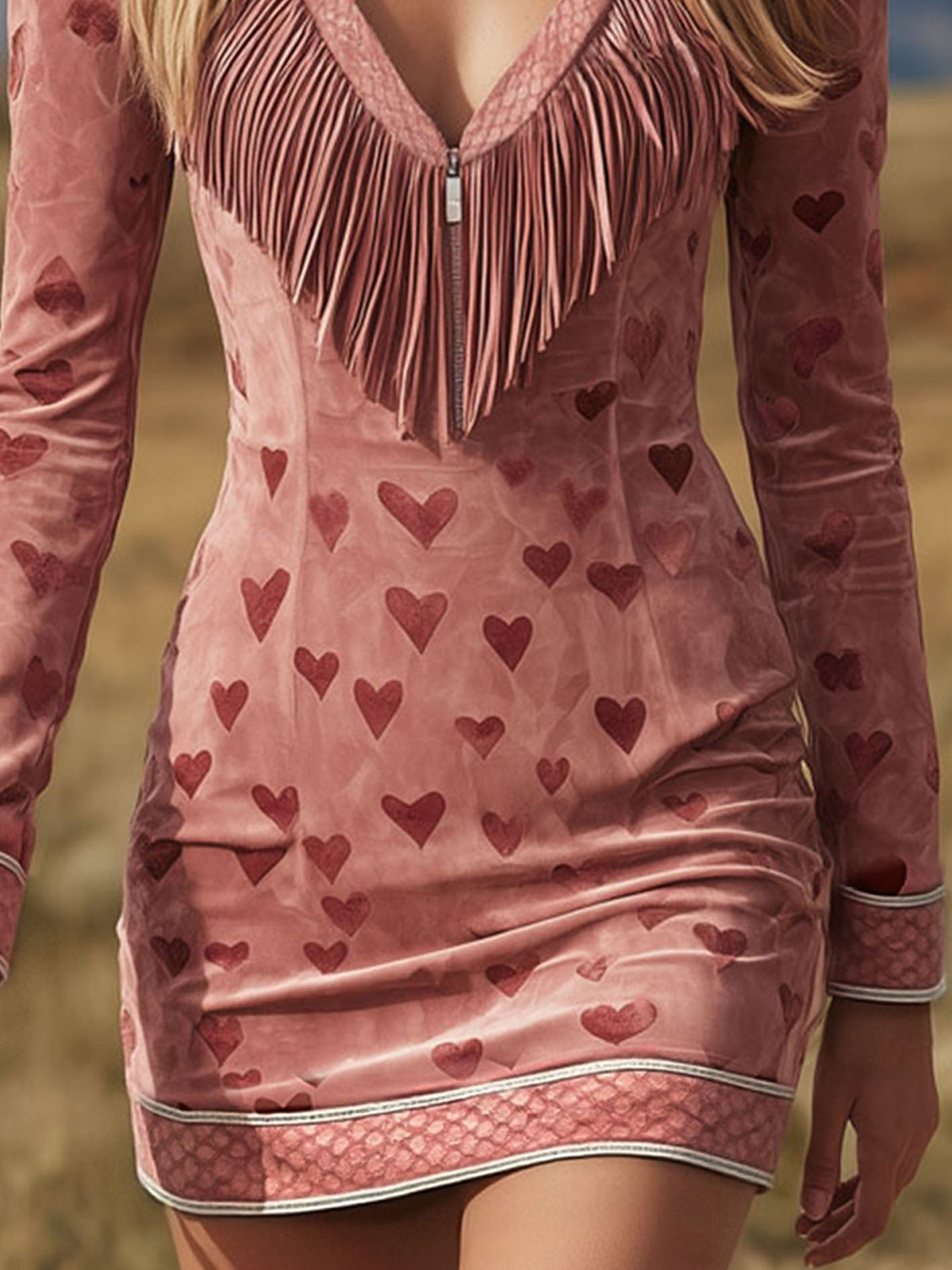 Western Style V-neck Fringed Heart Print Faux Suede Long-sleeved Mini Dress - By Qivii