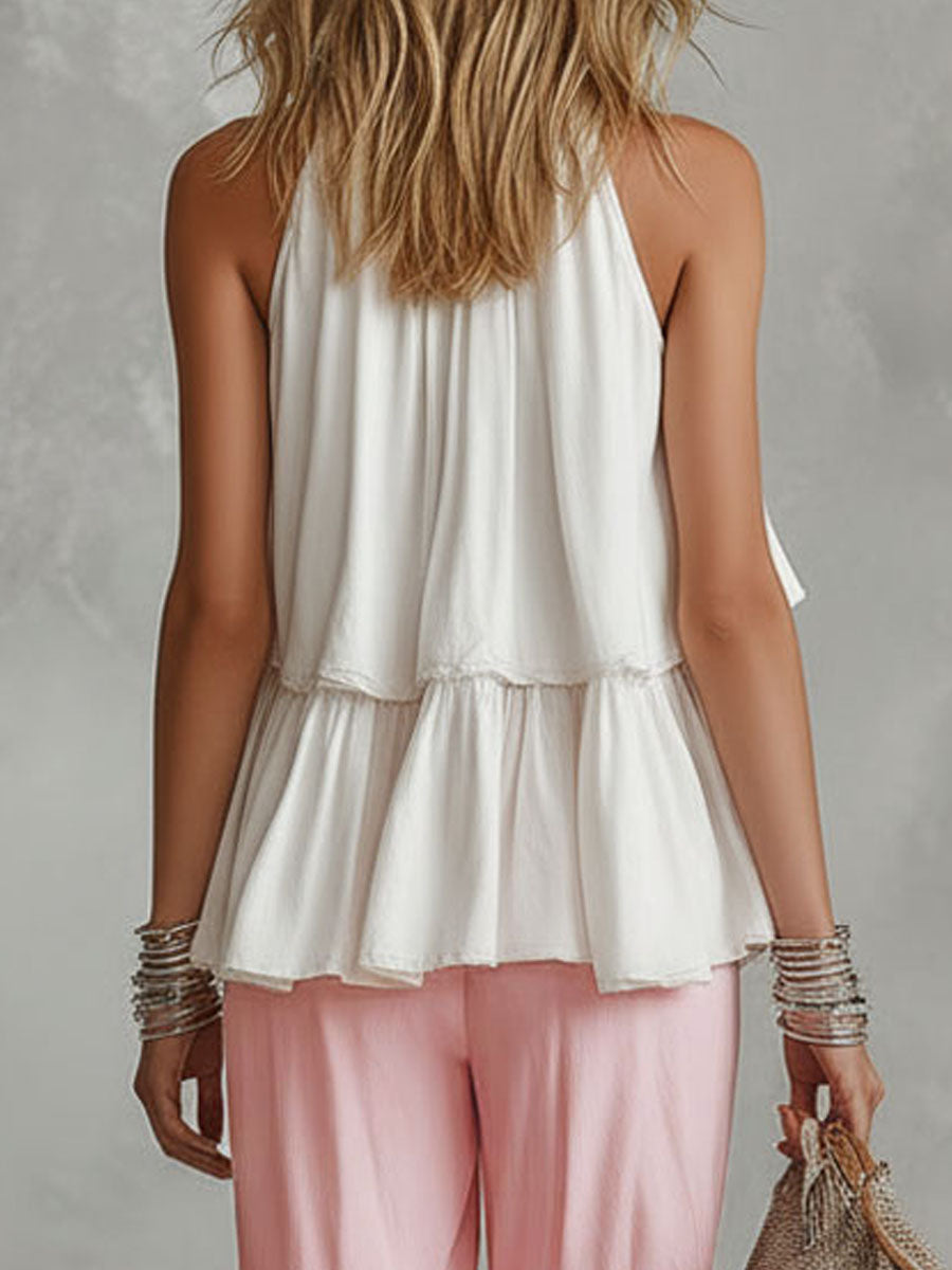 High-necked Sleeveless Cotton Blend Top - By Qivii