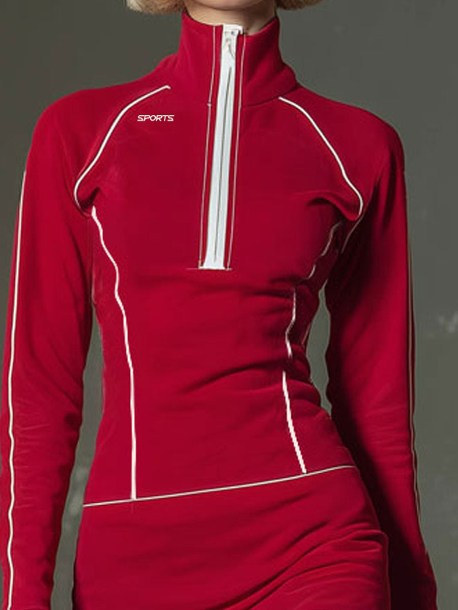 Sporty Stand Collar Zip-up Contrasting Trim Long-sleeved Mini Dress - By Qivii