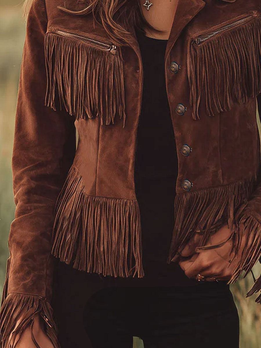 Western-style Brown Suede Tassel Zip-up Jacket - By Qivii