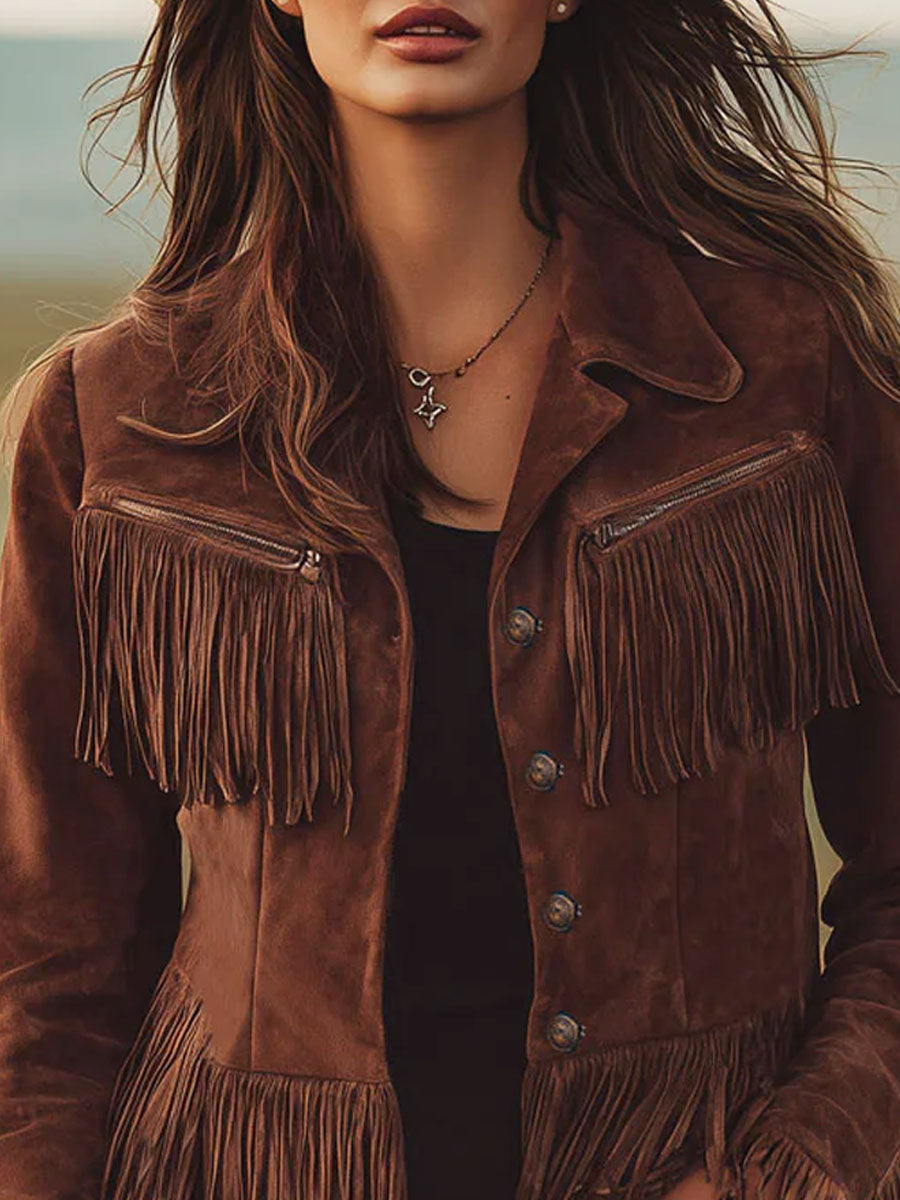 Western-style Brown Suede Tassel Zip-up Jacket - By Qivii