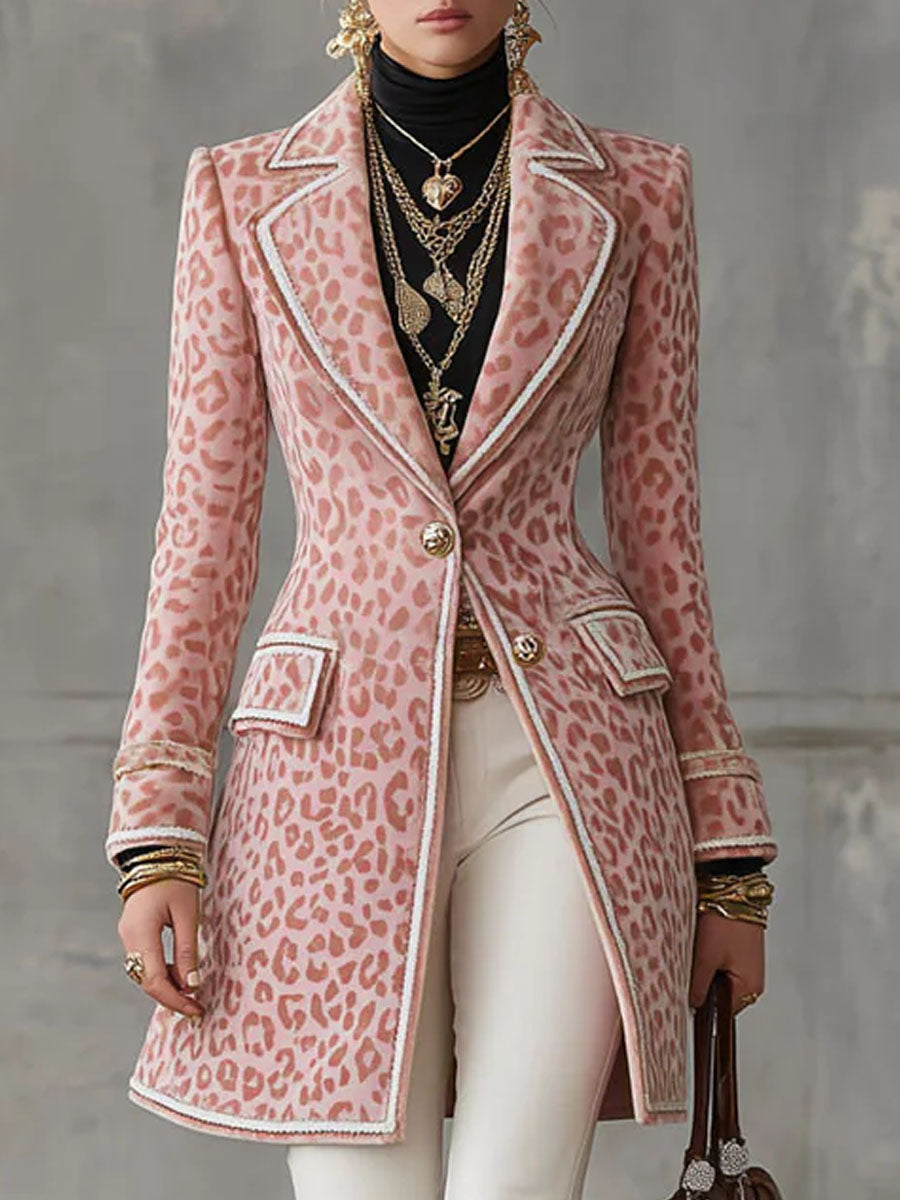 Lapel Single-breasted Pink Leopard Print Mid-length Coat - By Qivii
