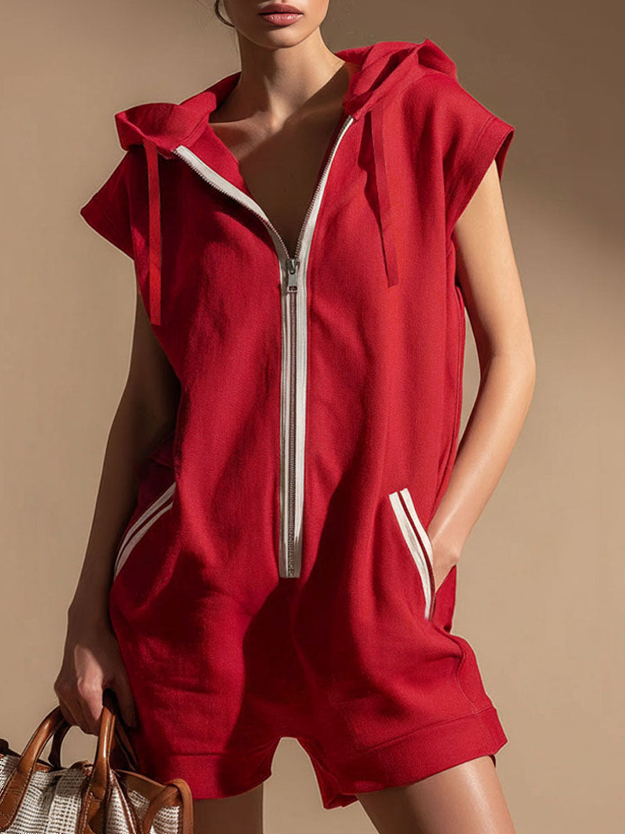 Hooded Zippered Color-blocked Double-pocket Sleeveless Short Jumpsuit - By Qivii