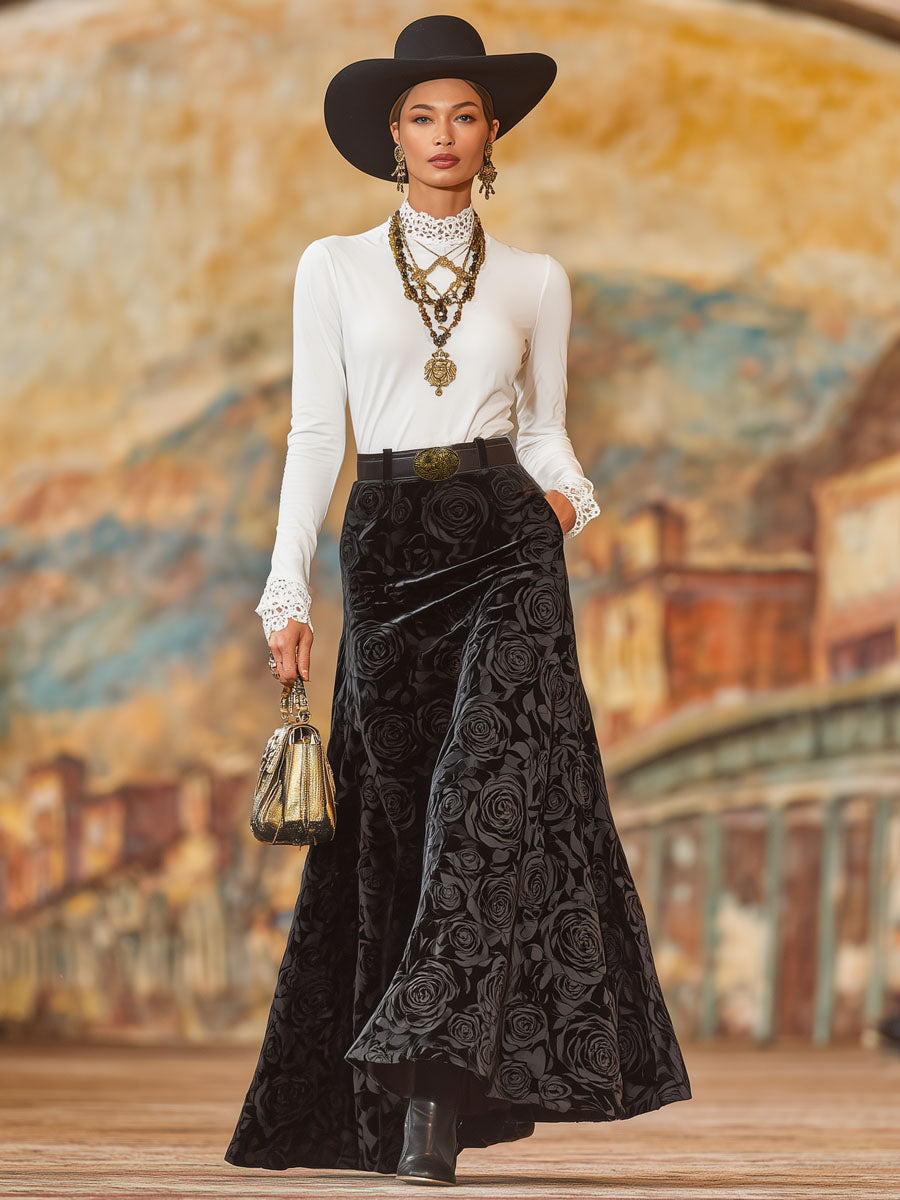 Black Rose Print A-line Velvet Skirt - By Qivii