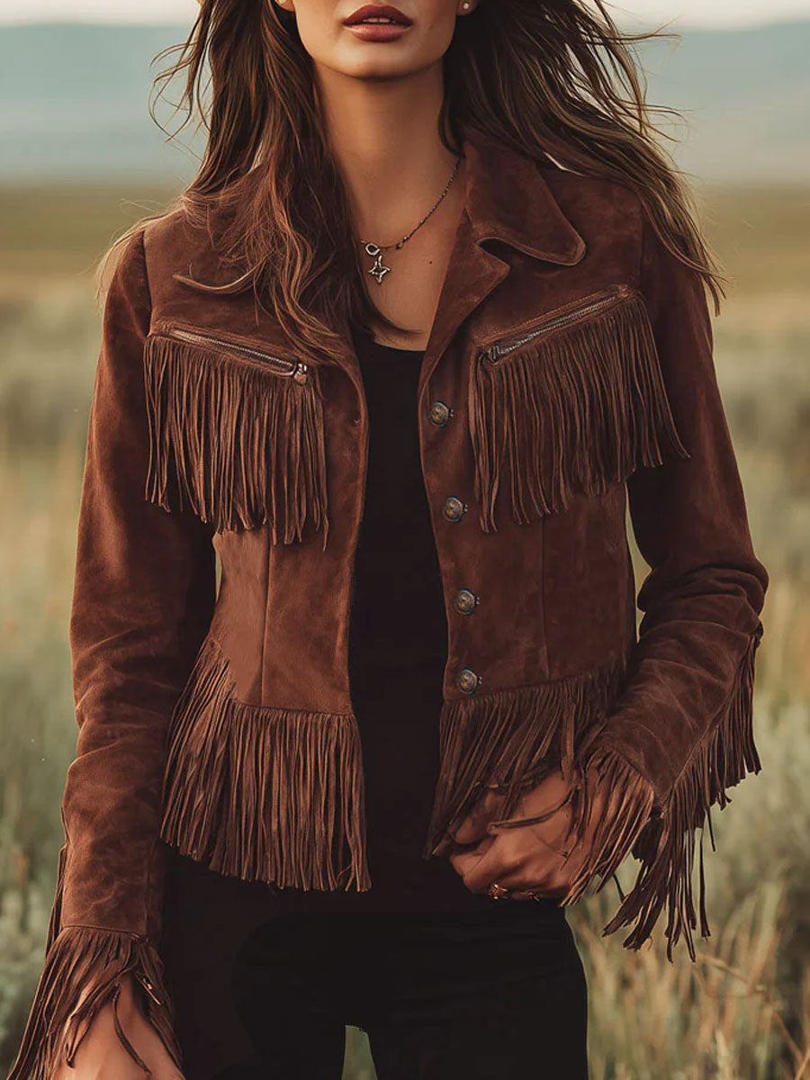 Western-style Brown Suede Tassel Zip-up Jacket - By Qivii