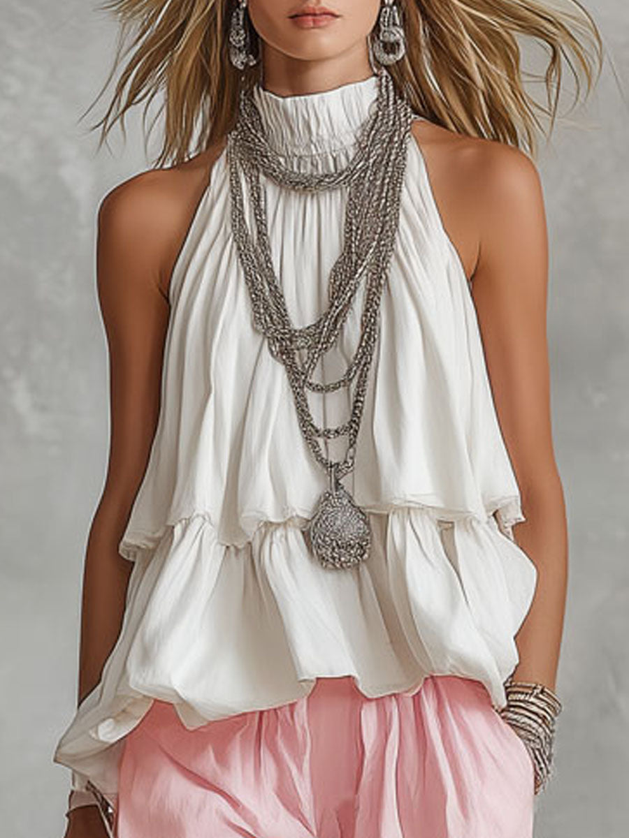 High-necked Sleeveless Cotton Blend Top - By Qivii
