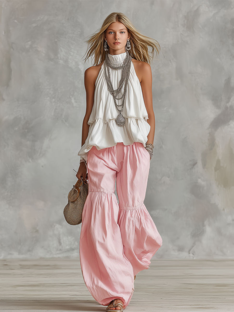 High-necked Sleeveless Cotton Blend Top - By Qivii