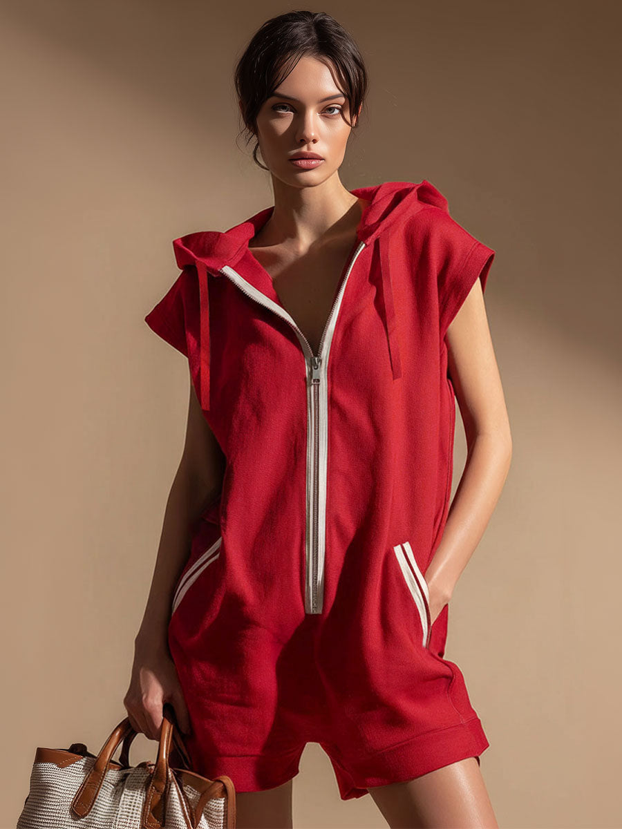 Hooded Zippered Color-blocked Double-pocket Sleeveless Short Jumpsuit - By Qivii