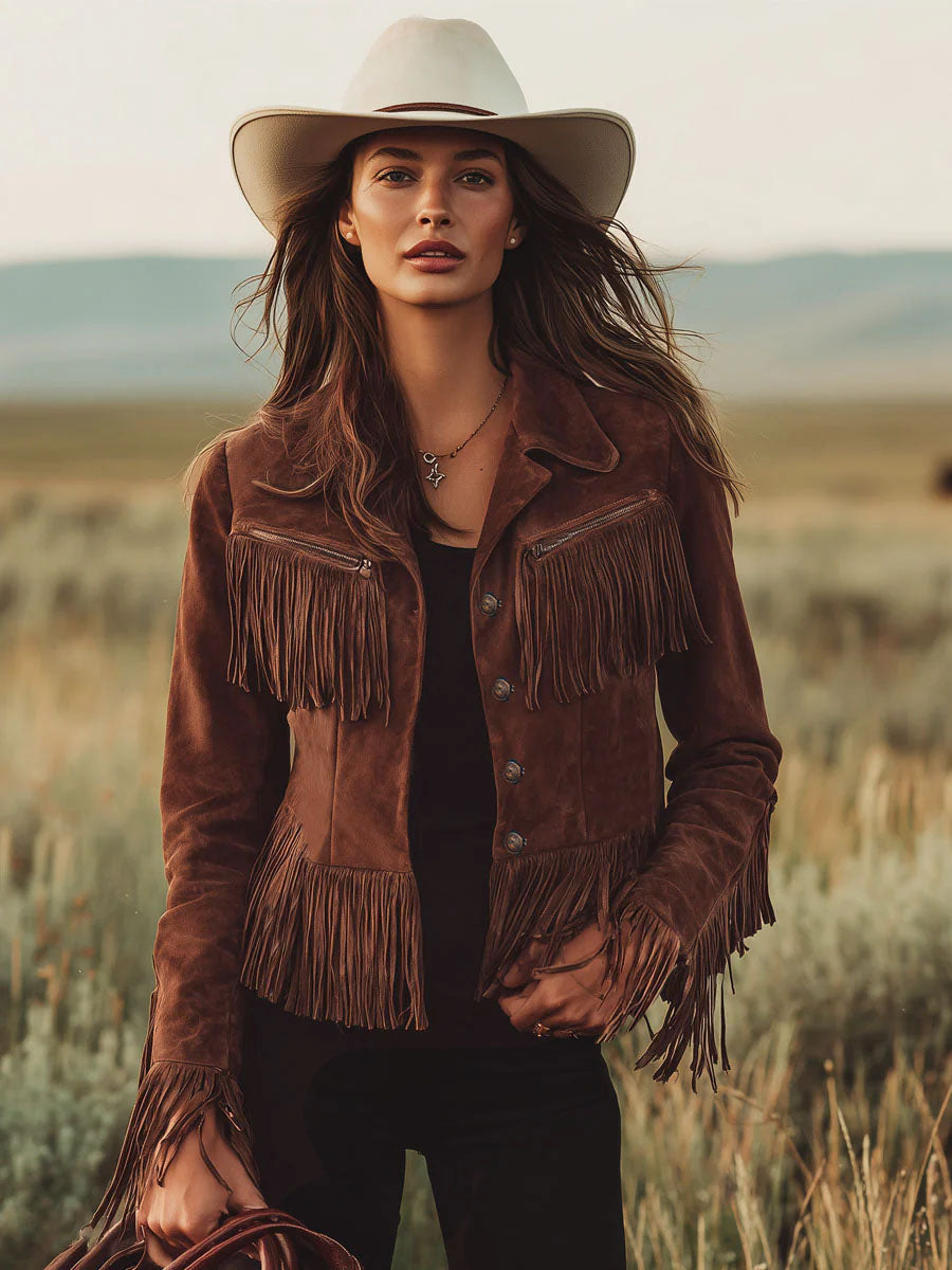 Western-style Brown Suede Tassel Zip-up Jacket - By Qivii