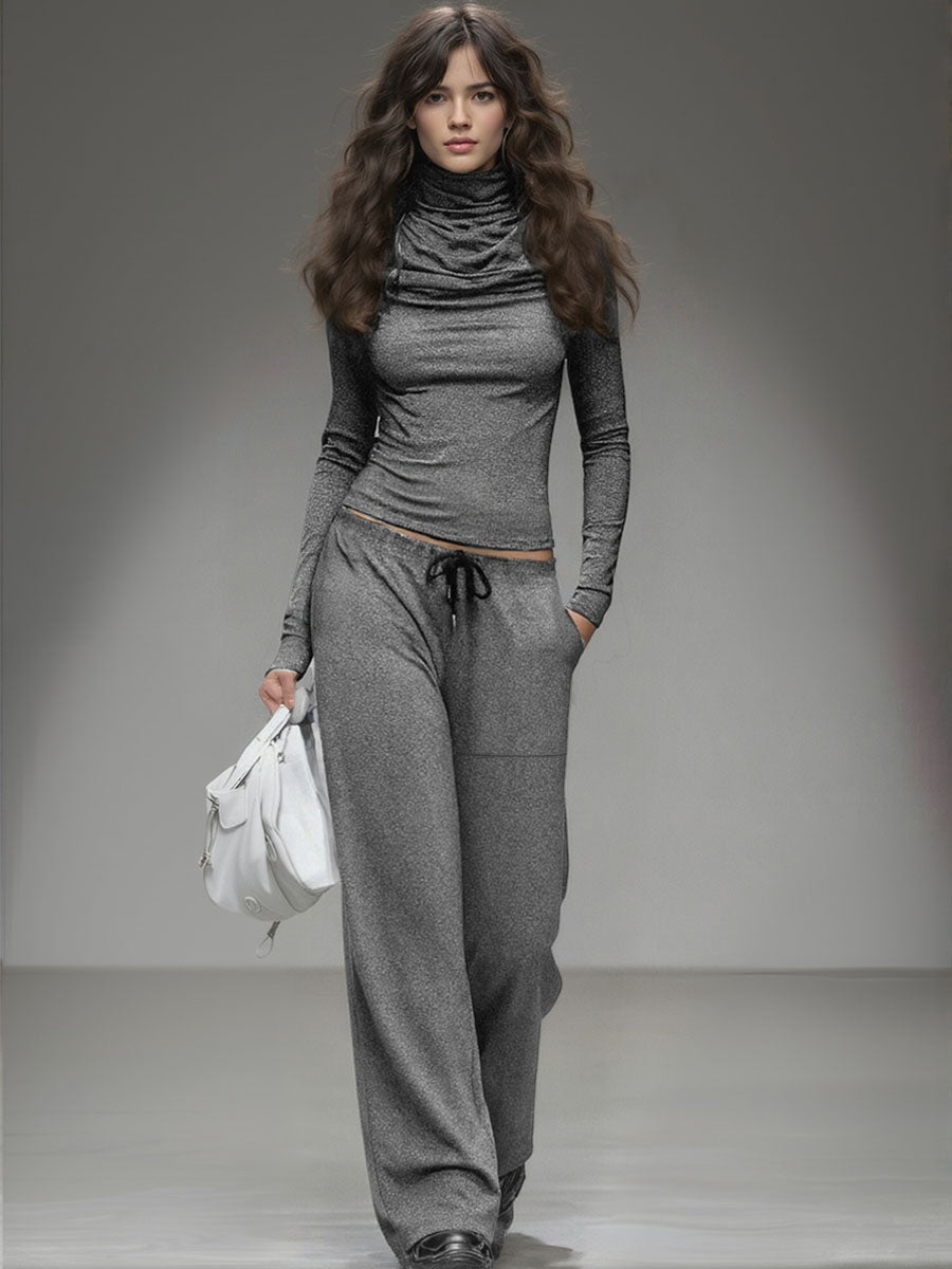 Casual Long-sleeved T-shirt And Wide-leg Pants Set - By Qivii