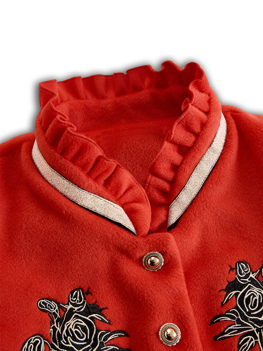 Ruffled Stand-up Collar Single-breasted Rose Embroidered Jacket - By Qivii