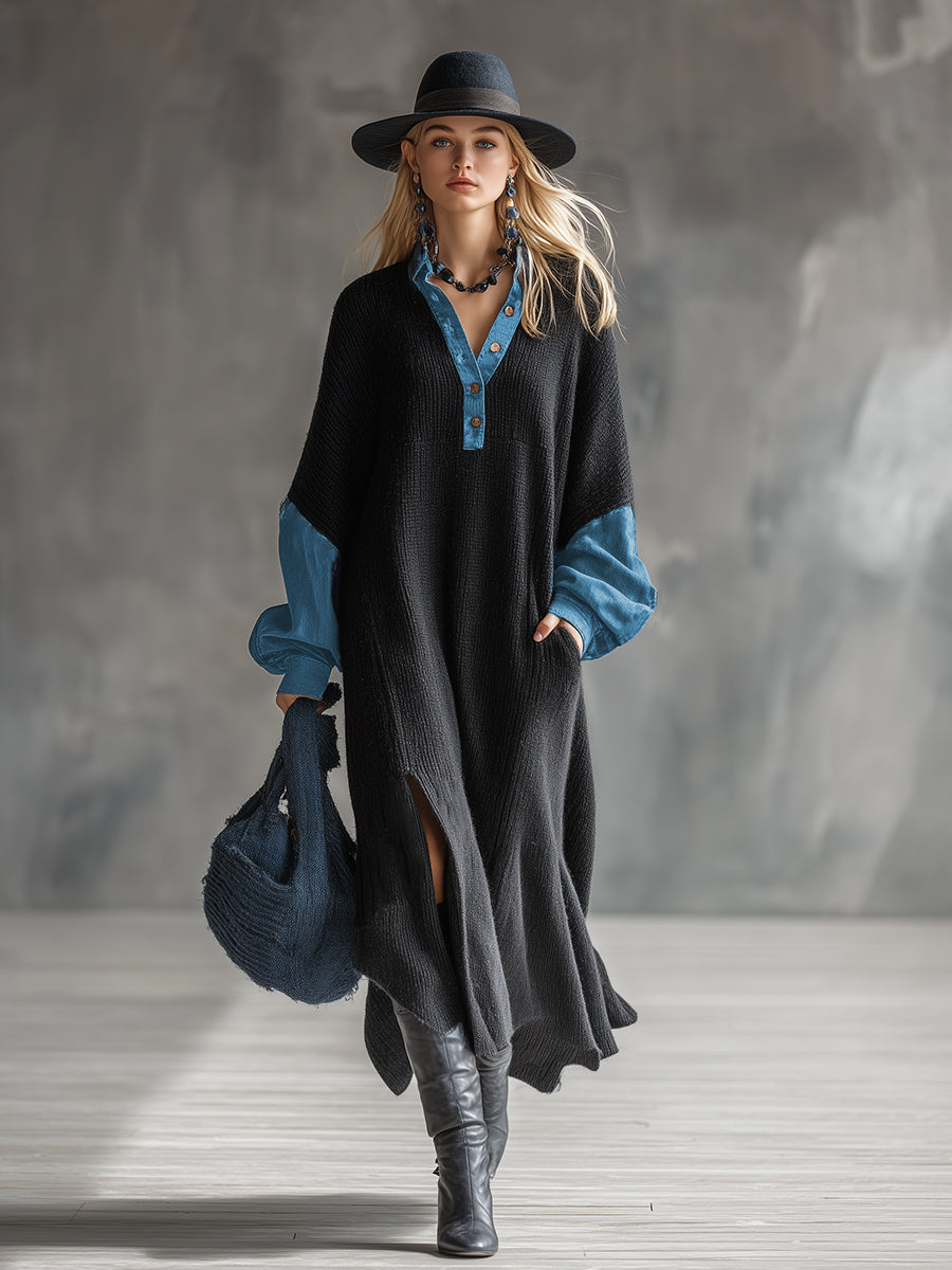Fashionable Casual Black Knitted Denim Trim Maxi Dress - By Qivii