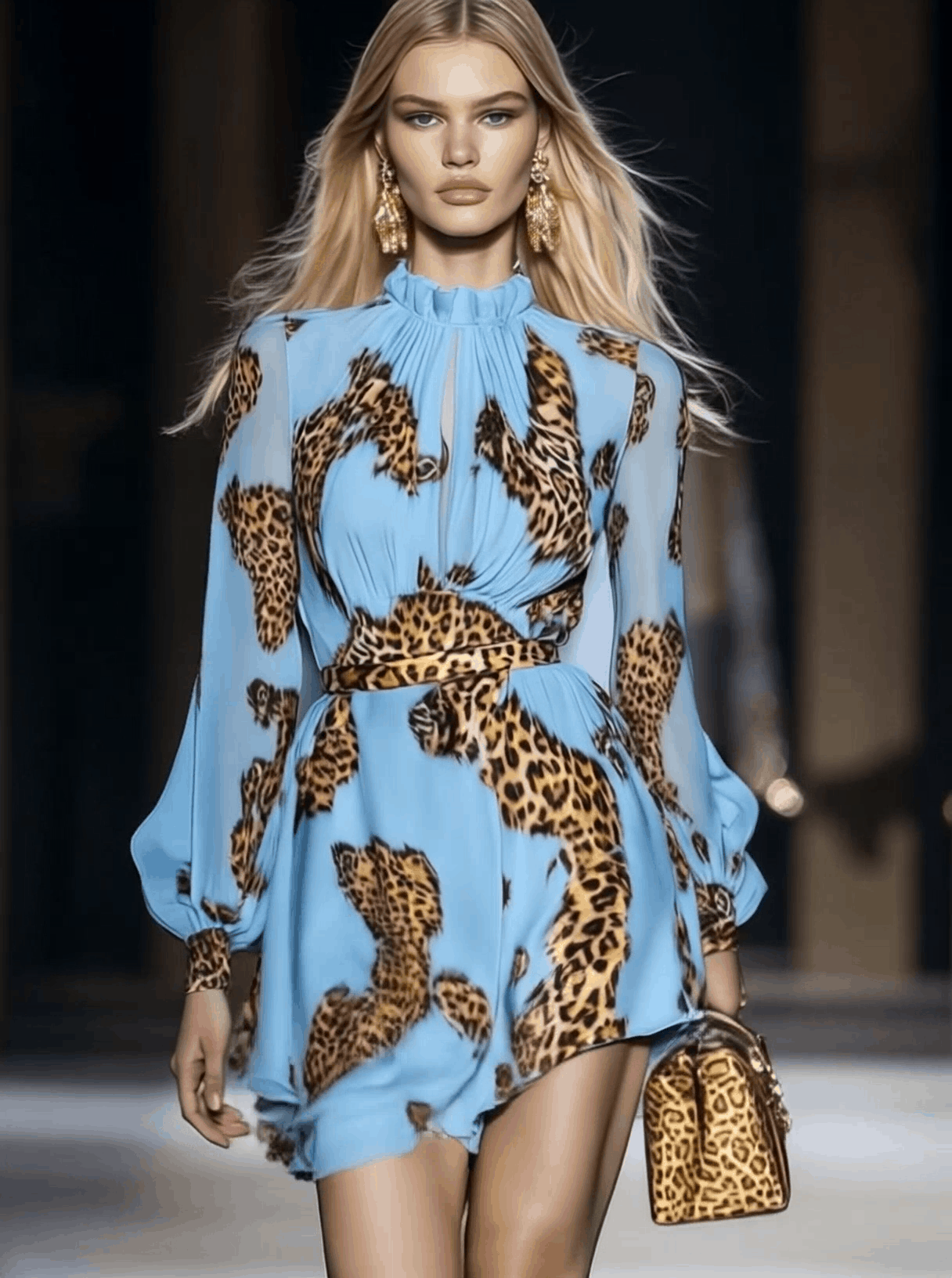 Elegant Personality Leopard Print Sky Blue Chiffon Mini Dress - By Qivii