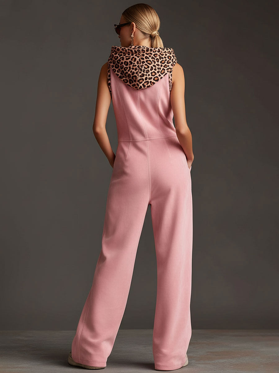 Western Retro Pink Faux Suede Sleeveless Leopard Print Hooded Wide-Leg Jumpsuit - By Qivii