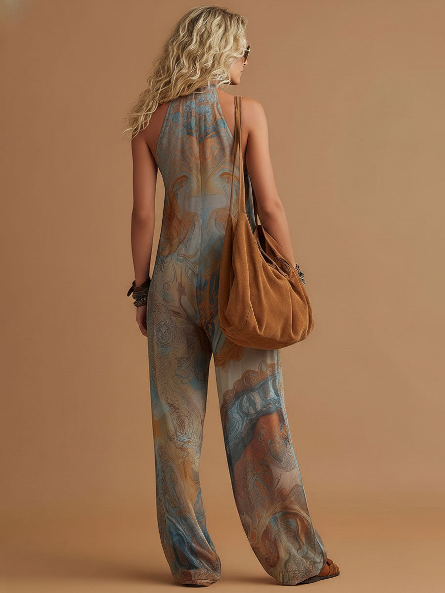 Vacation Retro Bohemian Print Chiffon Sleeveless Wide-Leg Jumpsuit - By Qivii