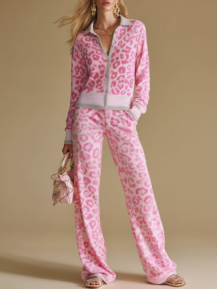 Elegant And Retro Color-blocked Leopard Print Knitted Top And Pants Set. - By Qivii