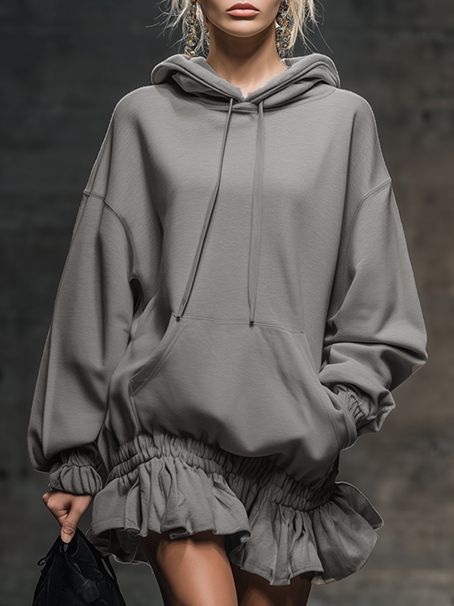 Casual And Fashionable Hooded Elastic Hem Gray Sweatshirt Mini Dress - By Qivii